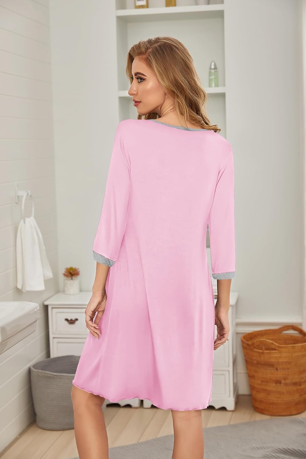 image:imageEkouaer Nightgowns for Women 34 Sleeve Nightgown Pleated SleepshirtsDark Pink