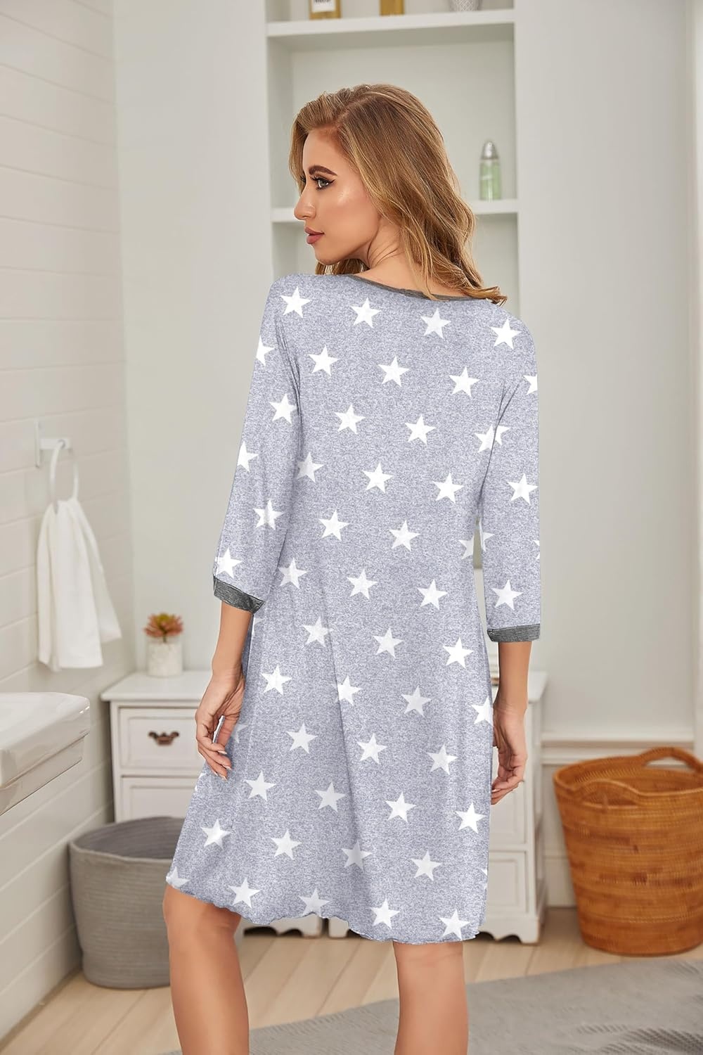 image:imageEkouaer Nightgowns for Women 34 Sleeve Nightgown Pleated SleepshirtsGray Star