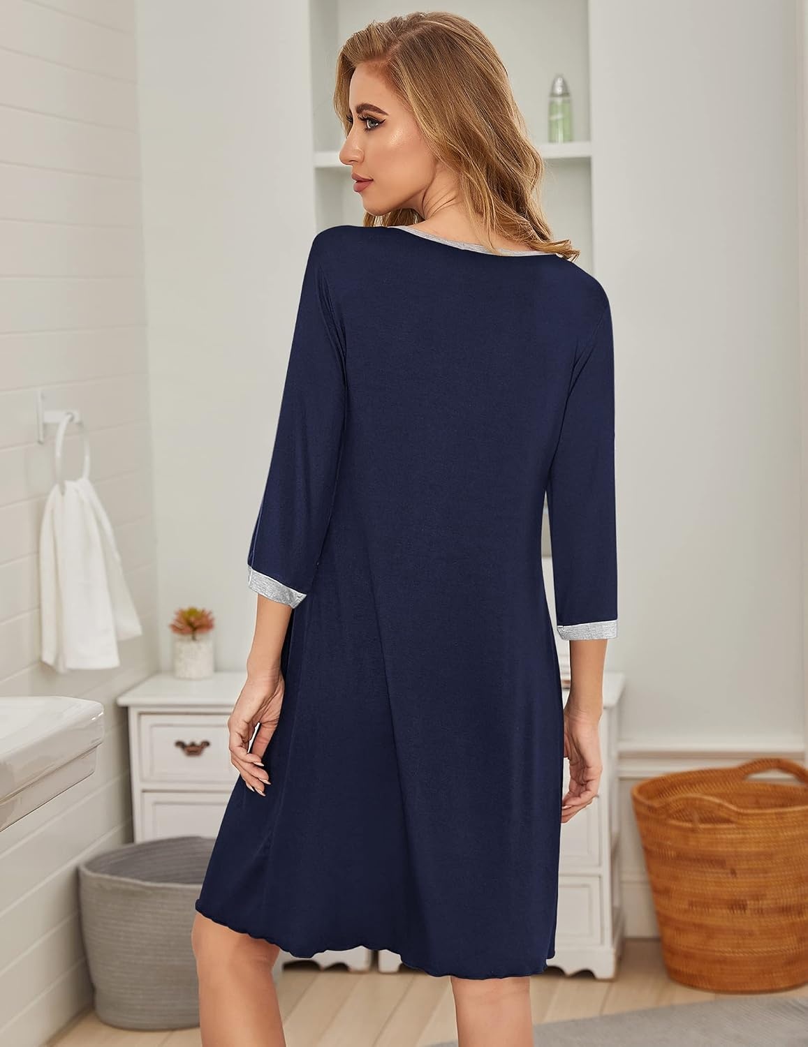 image:imageEkouaer Nightgowns for Women 34 Sleeve Nightgown Pleated SleepshirtsNavy Blue