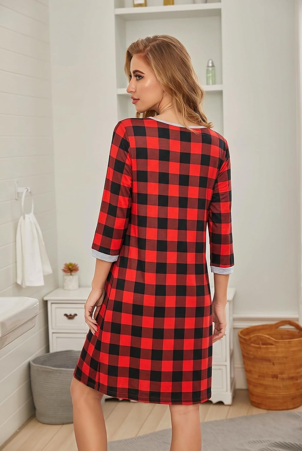 image:imageEkouaer Nightgowns for Women 34 Sleeve Nightgown Pleated SleepshirtsPlaid