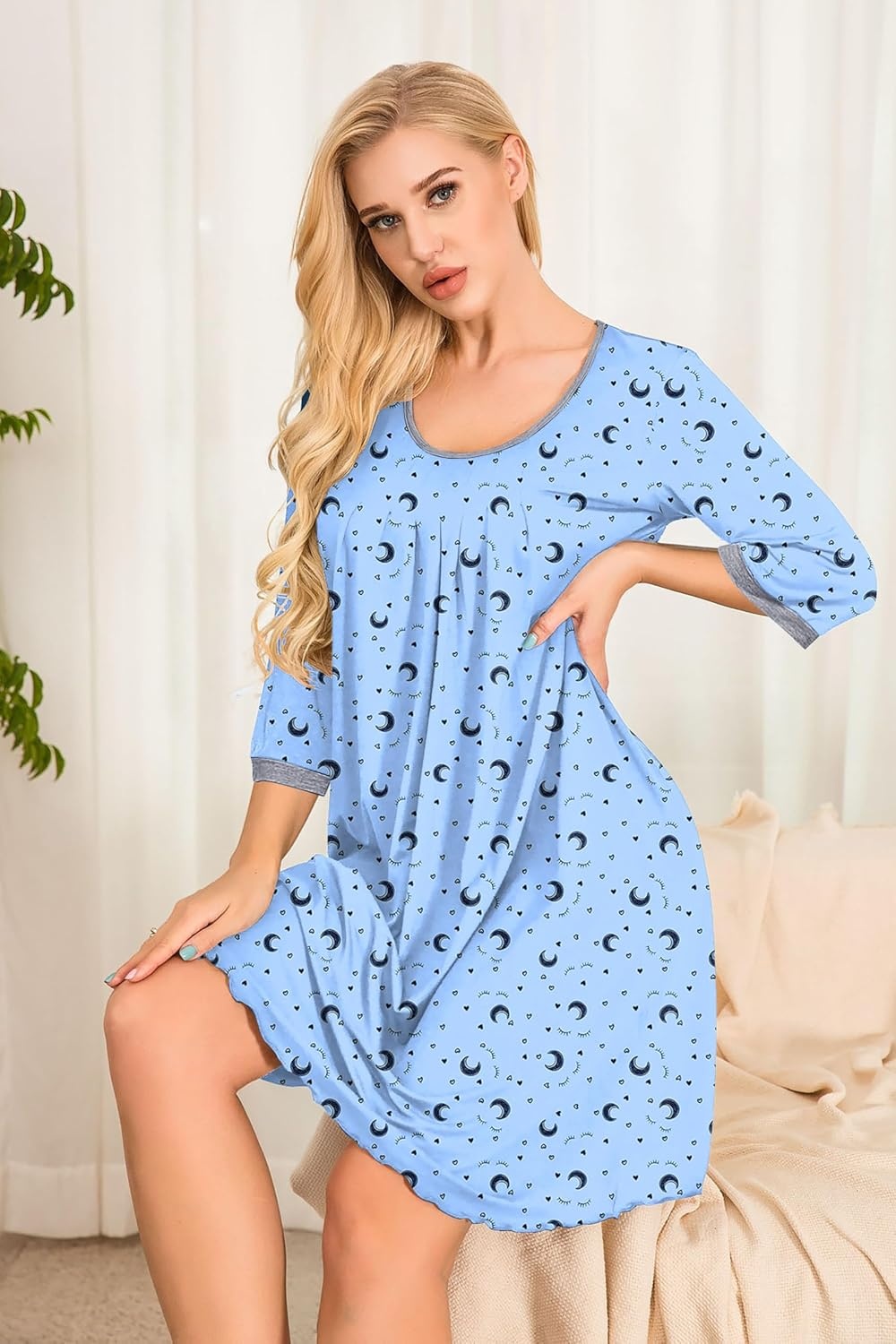 image:imageEkouaer Nightgowns for Women 34 Sleeve Nightgown Pleated SleepshirtsStar Moon Blue