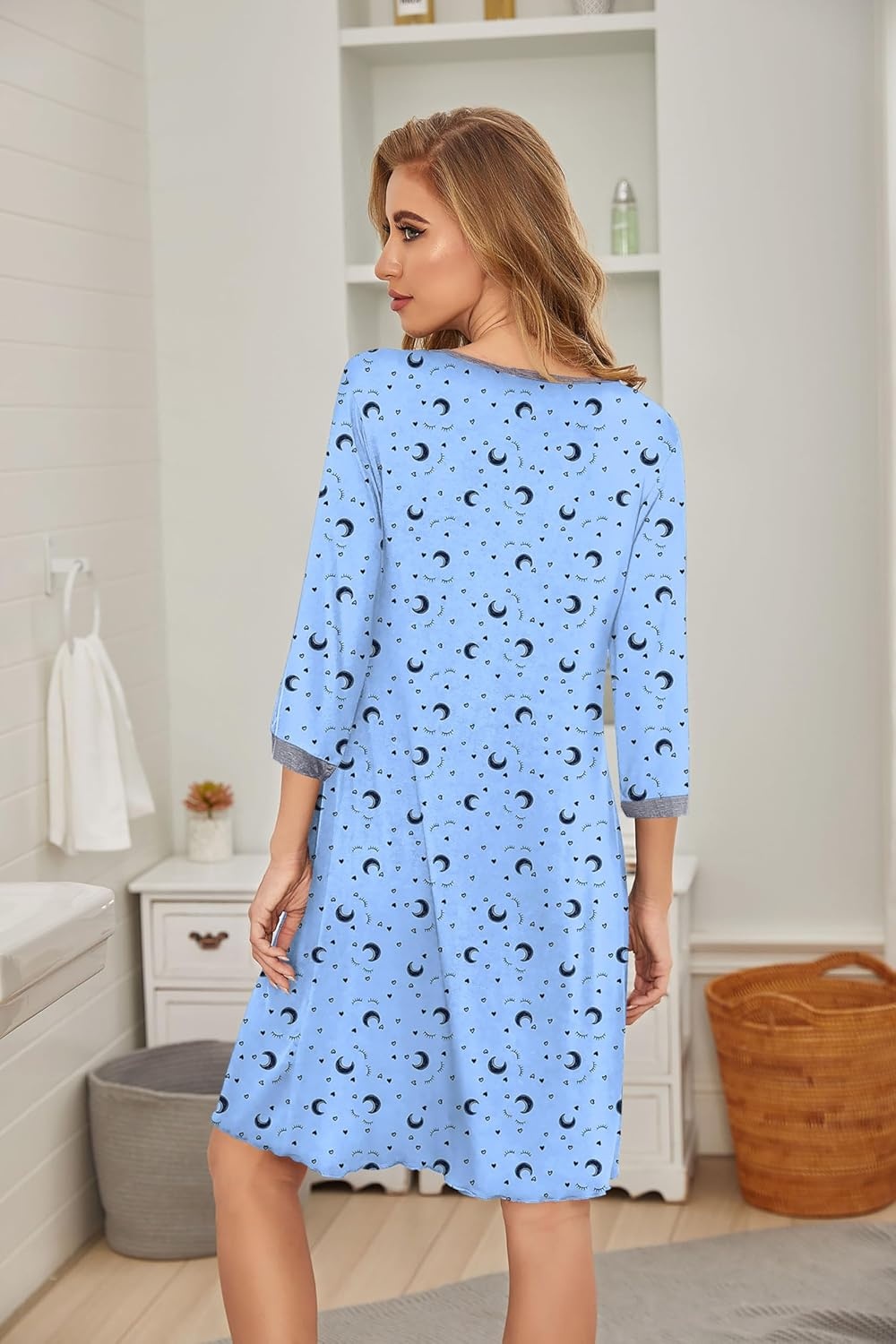 image:imageEkouaer Nightgowns for Women 34 Sleeve Nightgown Pleated SleepshirtsStar Moon Blue