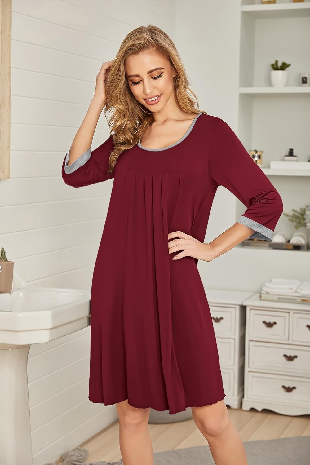 image:imageEkouaer Nightgowns for Women 34 Sleeve Nightgown Pleated SleepshirtsWine Red