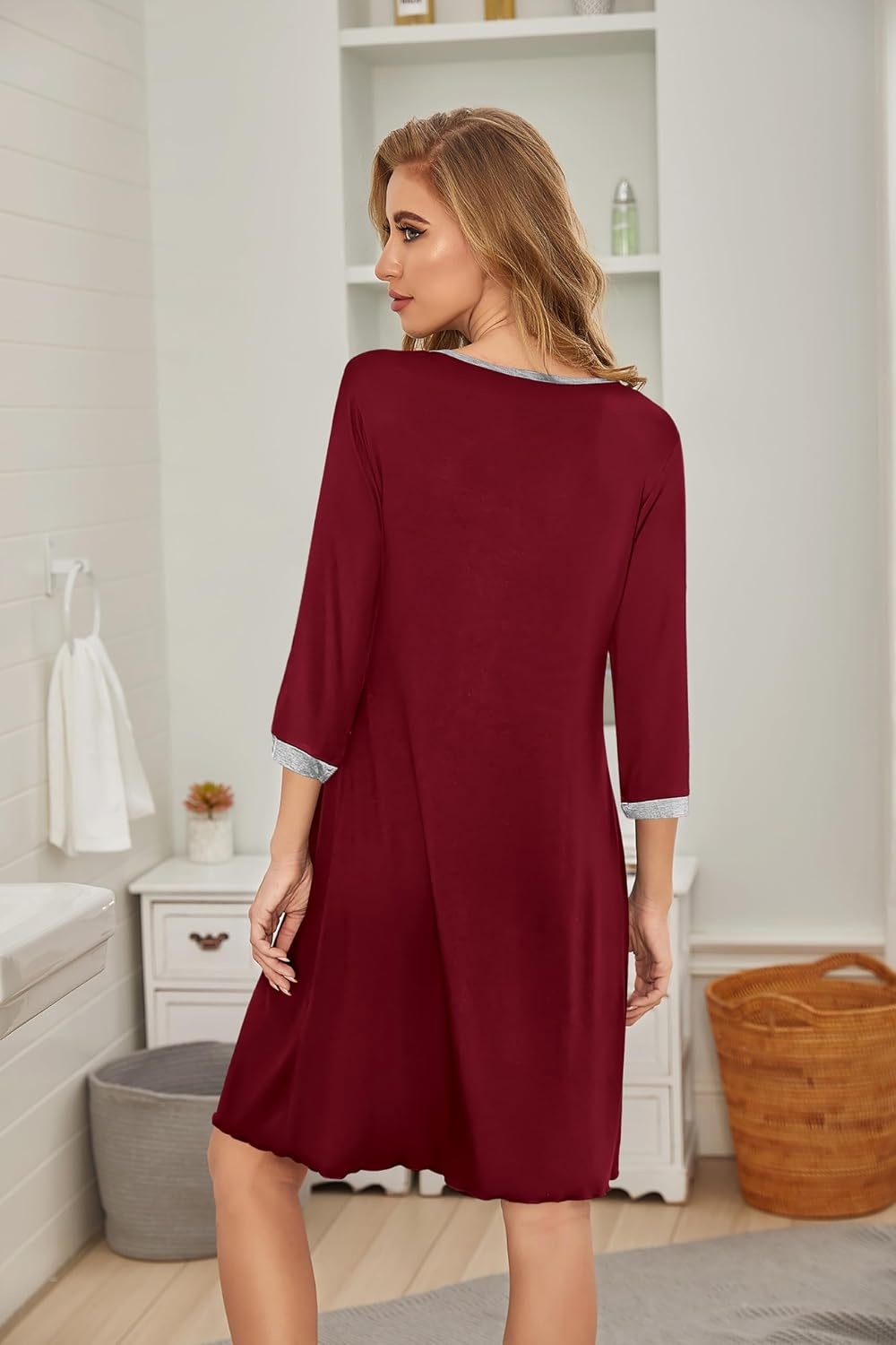 image:imageEkouaer Nightgowns for Women 34 Sleeve Nightgown Pleated SleepshirtsWine Red