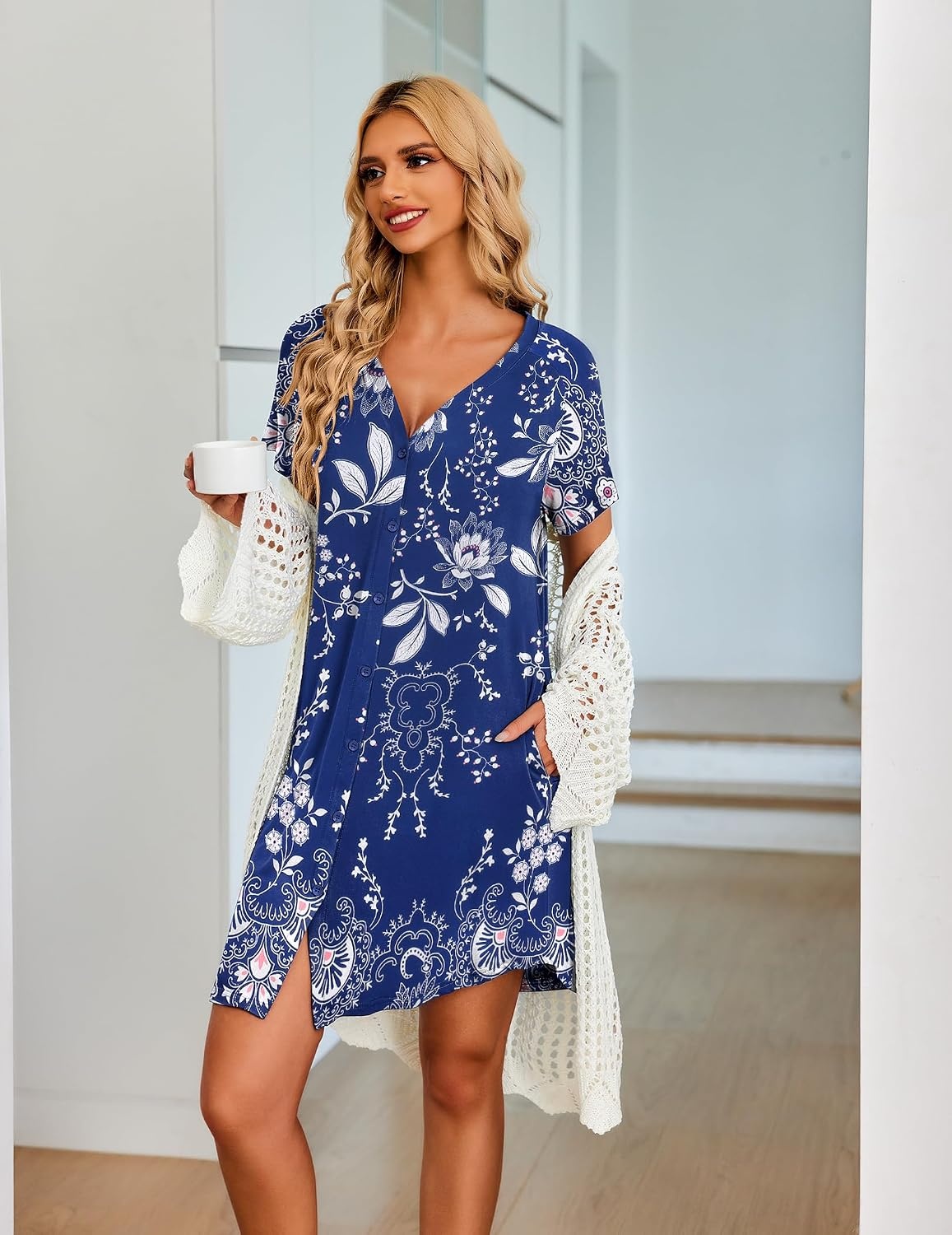 image:imageEkouaer Nightgowns for Women Button Down Night Gown with PocketsBlue Vines
