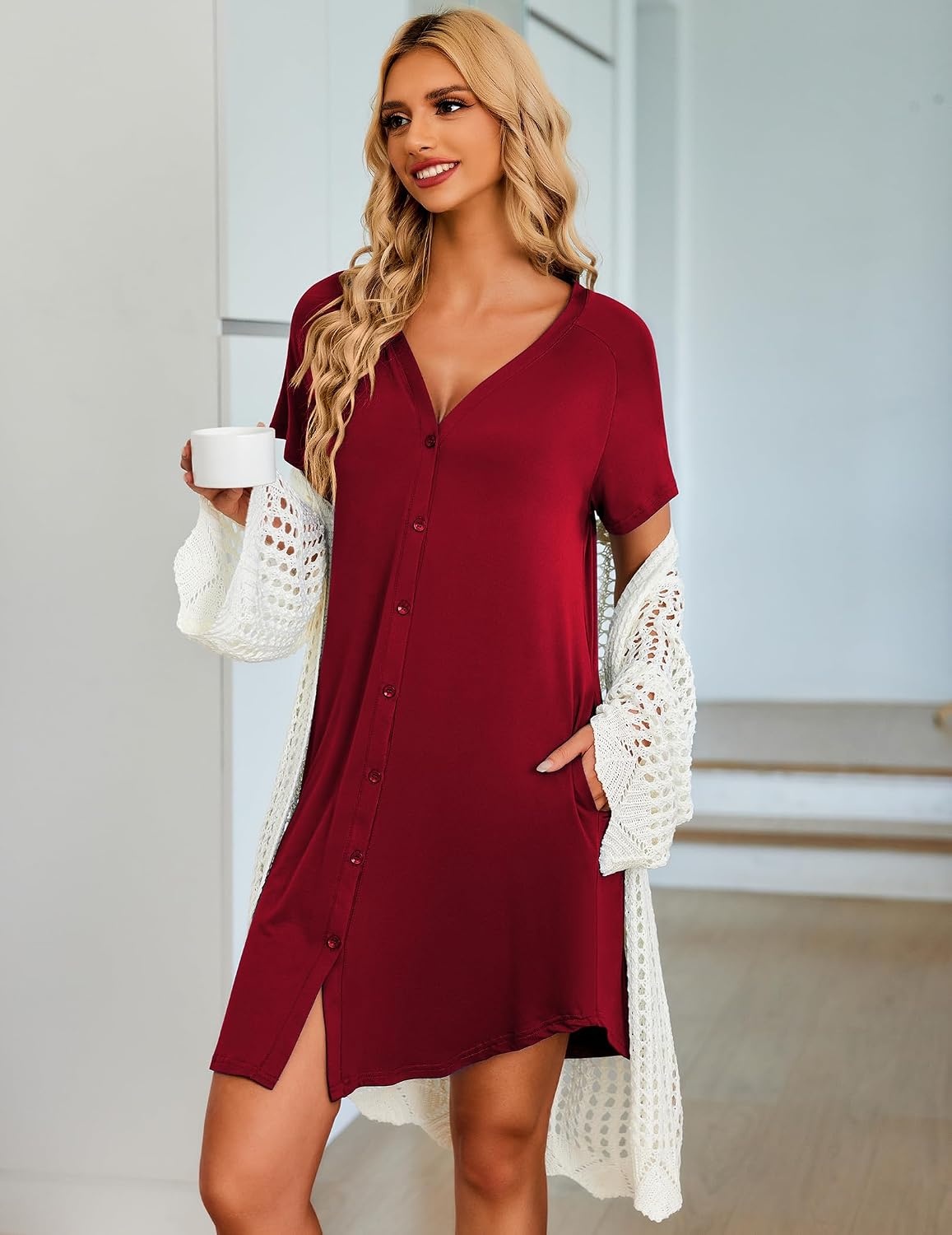 image:imageEkouaer Nightgowns for Women Button Down Night Gown with PocketsWine Red