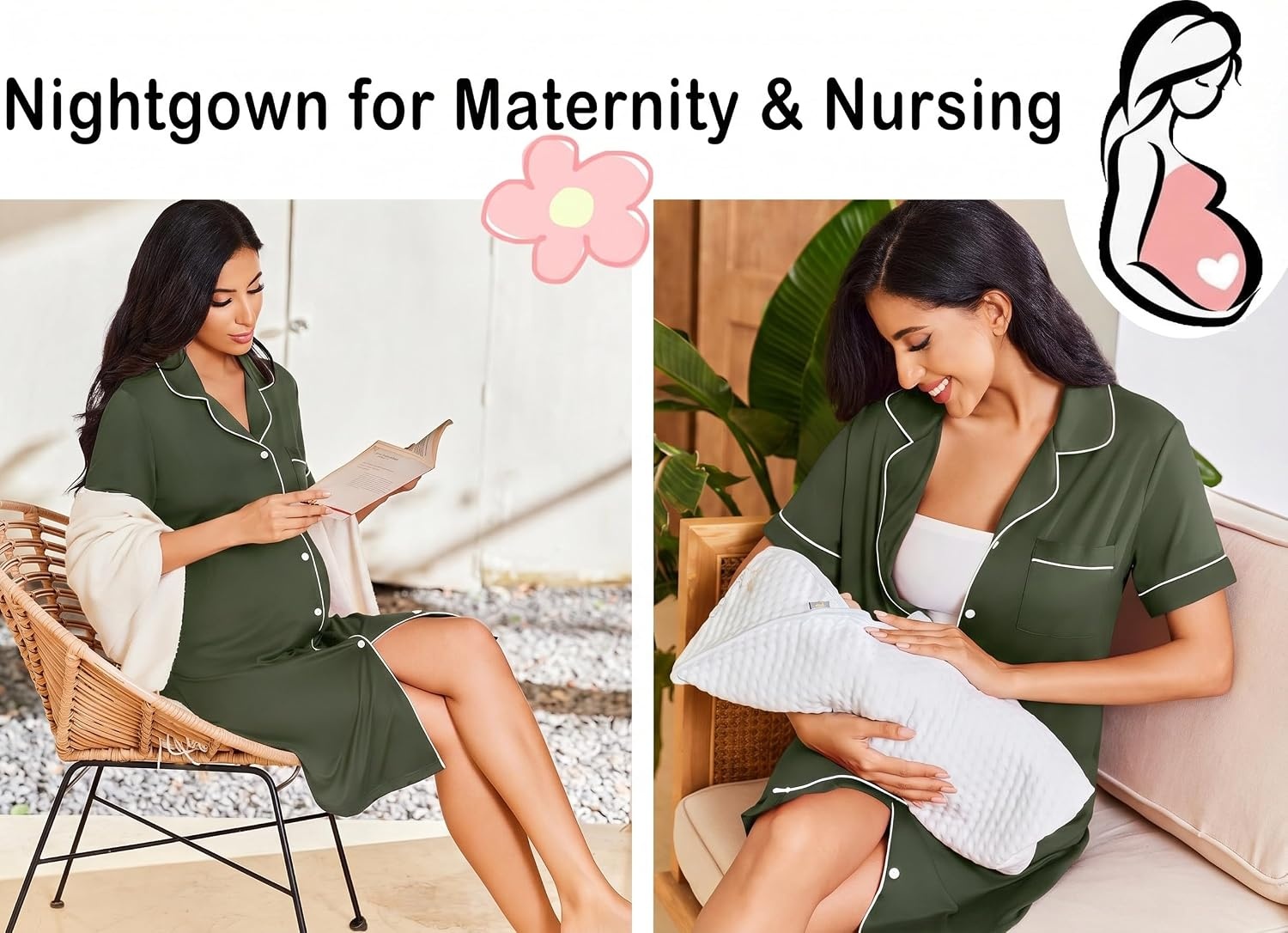 image:imageEkouaer Nightgowns for Women Button Down Night Gowns Short Sleeve SleepwearDeep Green
