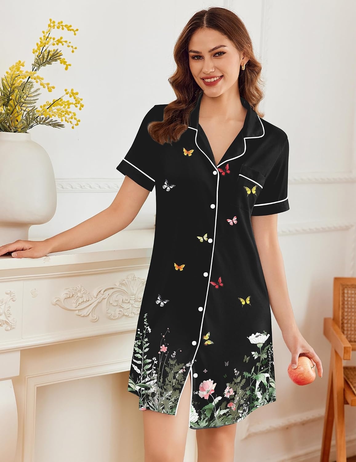 image:imageEkouaer Nightgowns for Women Button Down Night Gowns Short Sleeve SleepwearGreen Leaf