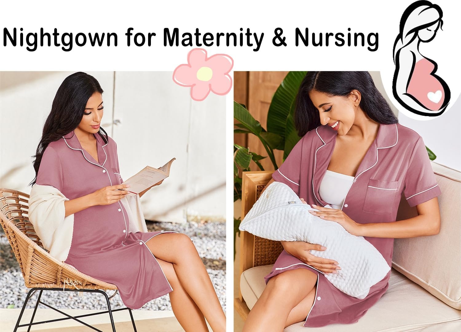 image:imageEkouaer Nightgowns for Women Button Down Night Gowns Short Sleeve SleepwearGrey Purple