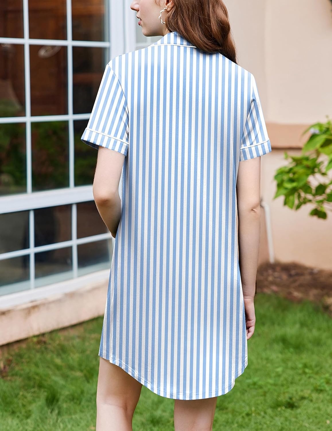 image:imageEkouaer Nightgowns for Women Button Down Night Gowns Short Sleeve SleepwearLight Blue Stripe