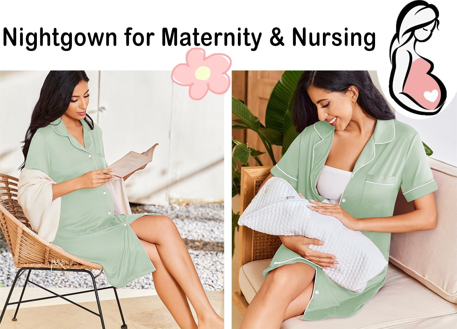 image:imageEkouaer Nightgowns for Women Button Down Night Gowns Short Sleeve SleepwearLight Green