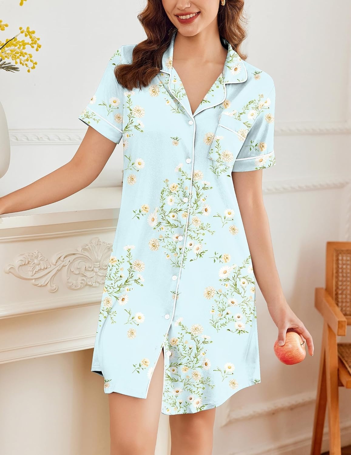 image:imageEkouaer Nightgowns for Women Button Down Night Gowns Short Sleeve SleepwearLight Green Floral