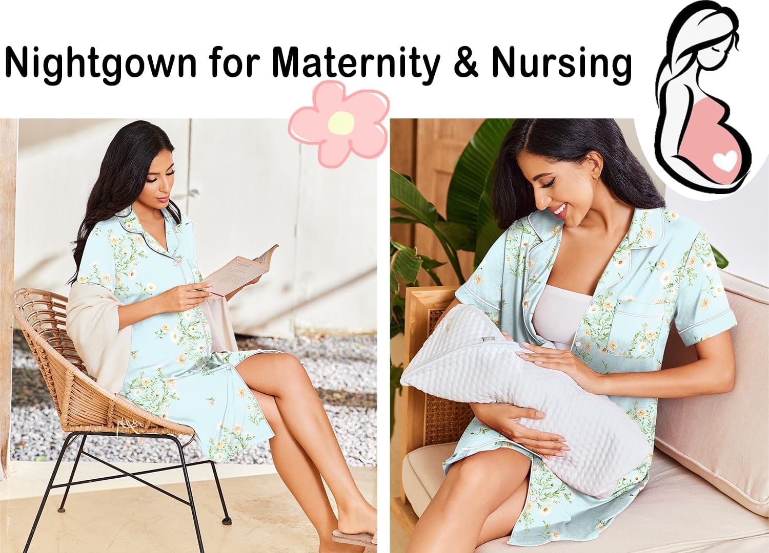 image:imageEkouaer Nightgowns for Women Button Down Night Gowns Short Sleeve SleepwearLight Green Floral