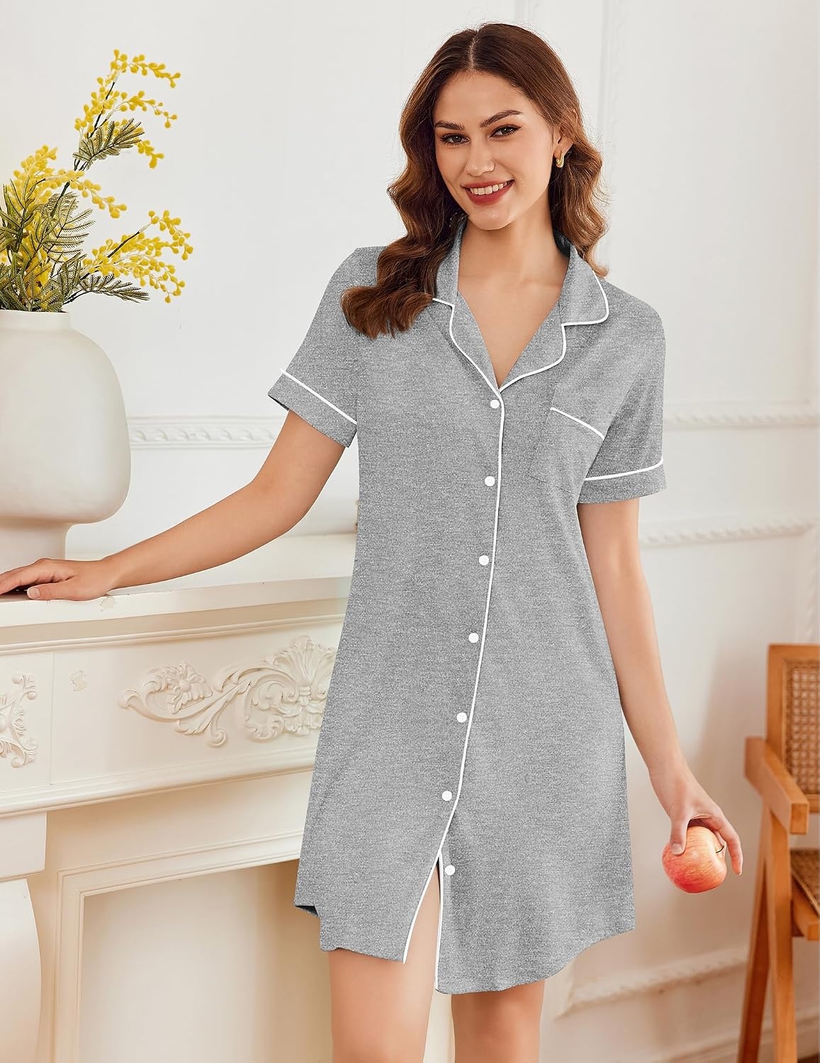 image:imageEkouaer Nightgowns for Women Button Down Night Gowns Short Sleeve SleepwearLight Grey