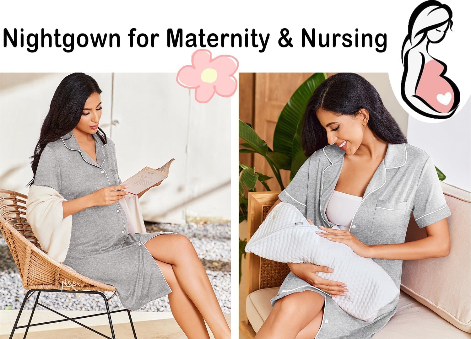 image:imageEkouaer Nightgowns for Women Button Down Night Gowns Short Sleeve SleepwearLight Grey
