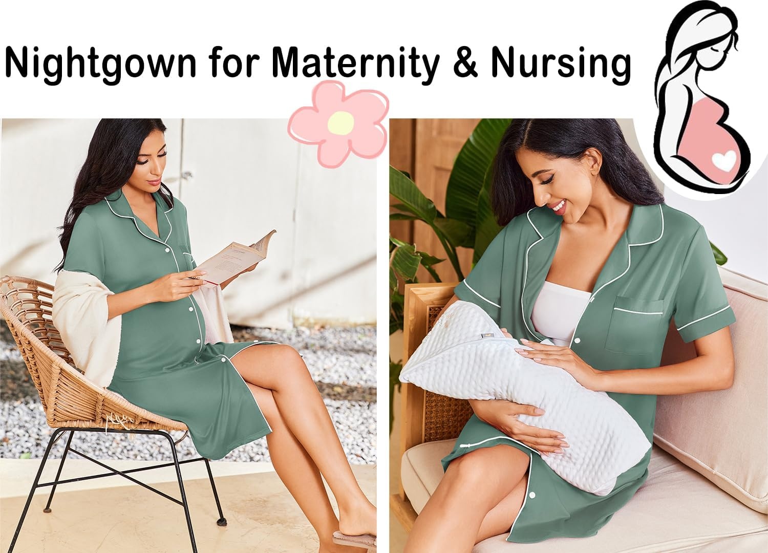 image:imageEkouaer Nightgowns for Women Button Down Night Gowns Short Sleeve SleepwearMint Green