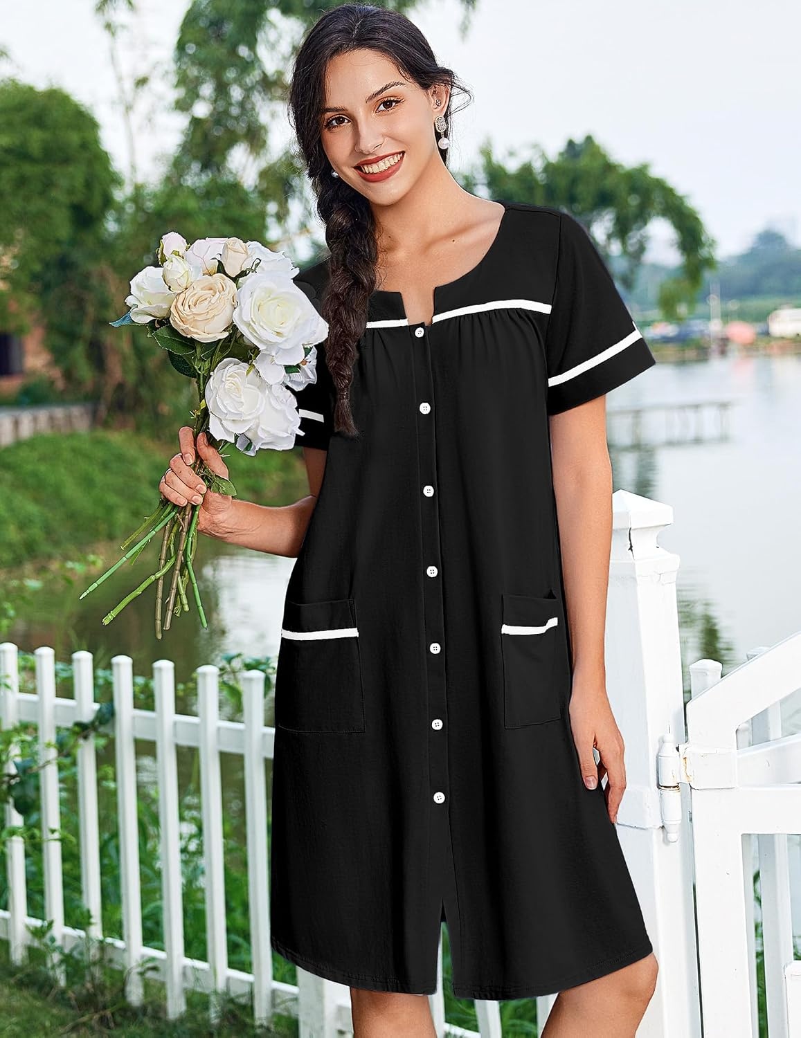 image:imageEkouaer Nightgowns for Women Cotton House Dress with Pockets Button DusterBlack