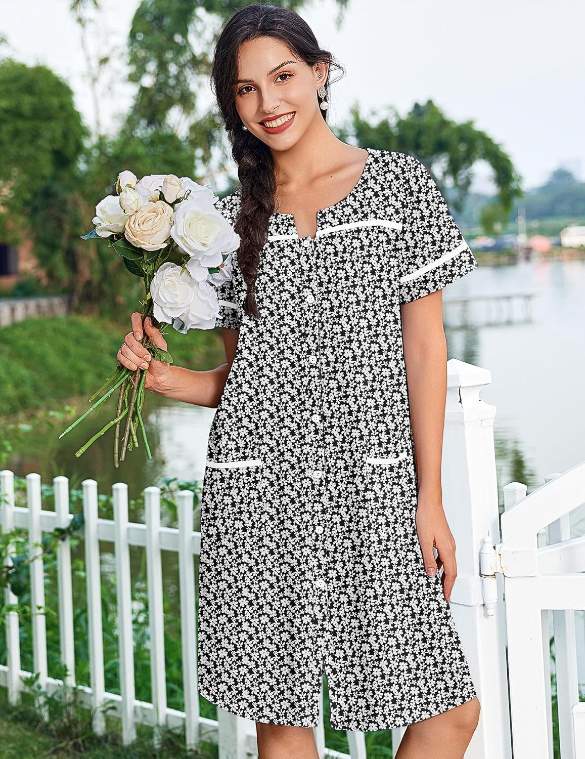 image:imageEkouaer Nightgowns for Women Cotton House Dress with Pockets Button DusterBlack White Flowers