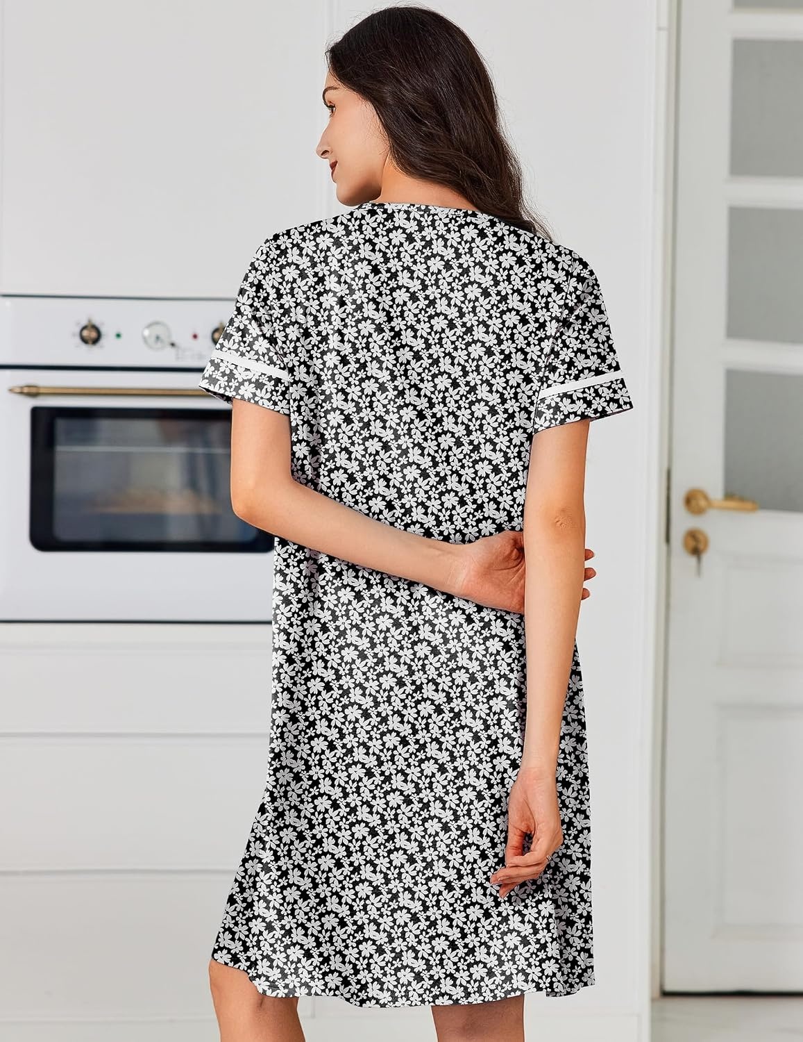 image:imageEkouaer Nightgowns for Women Cotton House Dress with Pockets Button DusterBlack White Flowers