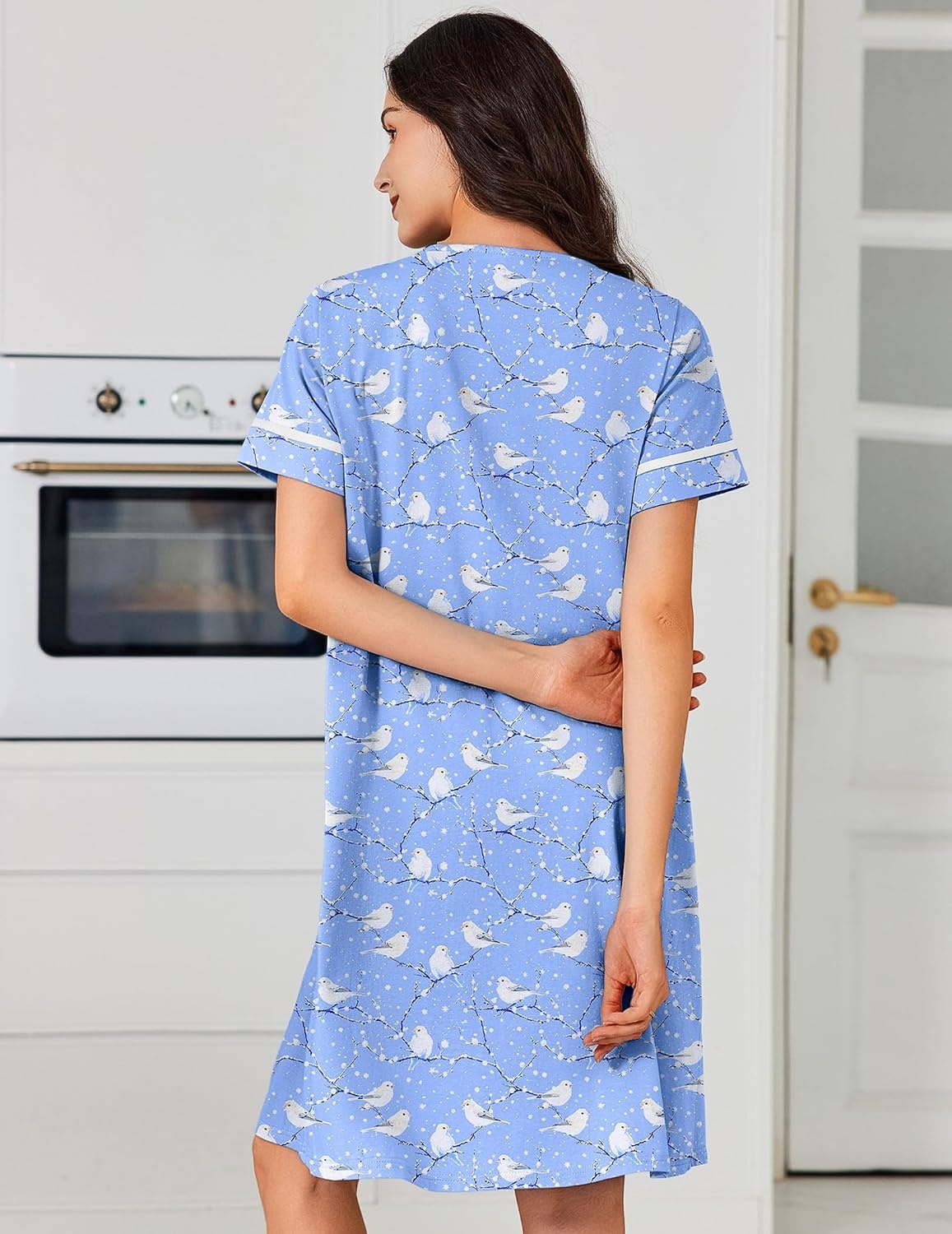 image:imageEkouaer Nightgowns for Women Cotton House Dress with Pockets Button DusterBlue Birds