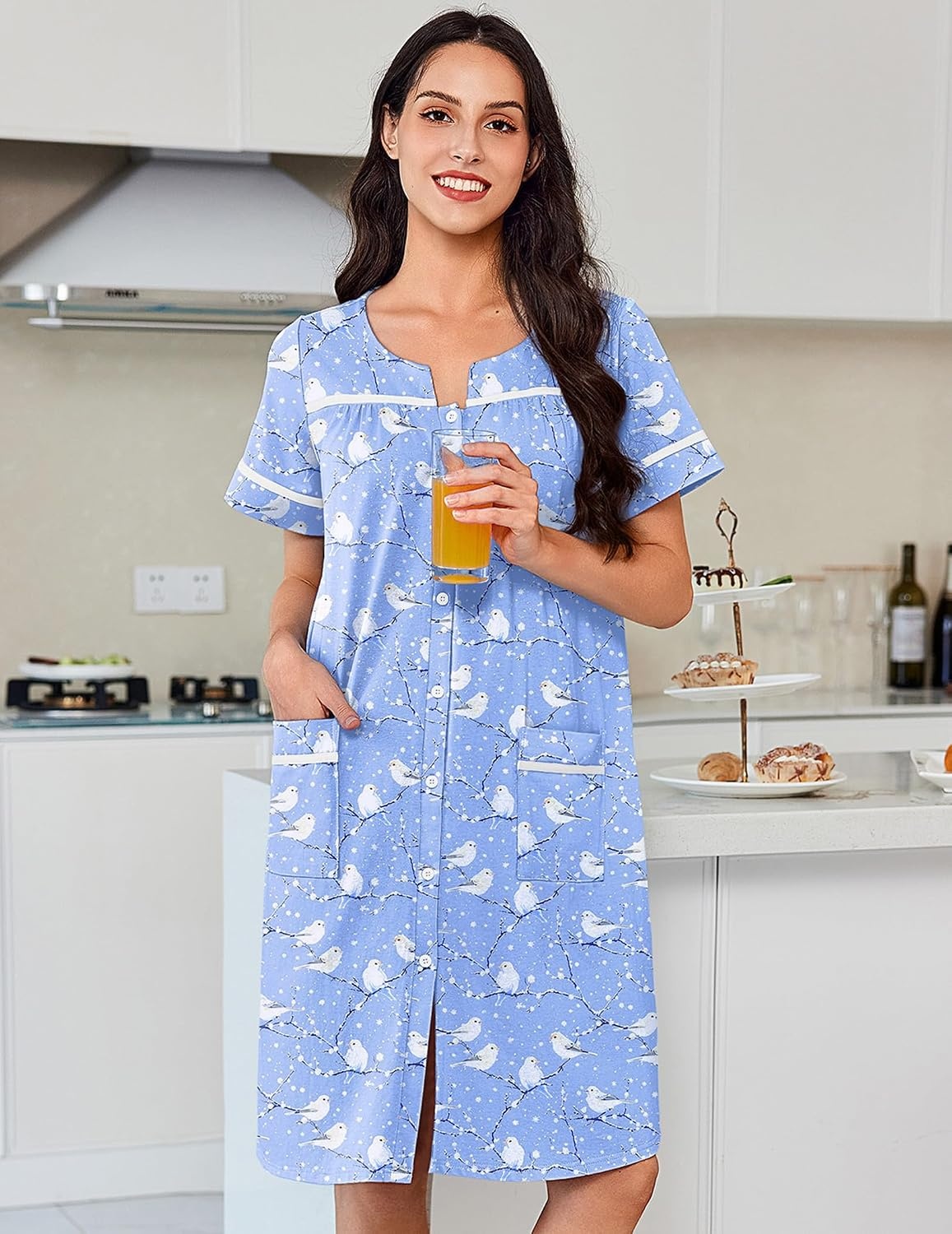 image:imageEkouaer Nightgowns for Women Cotton House Dress with Pockets Button DusterBlue Birds