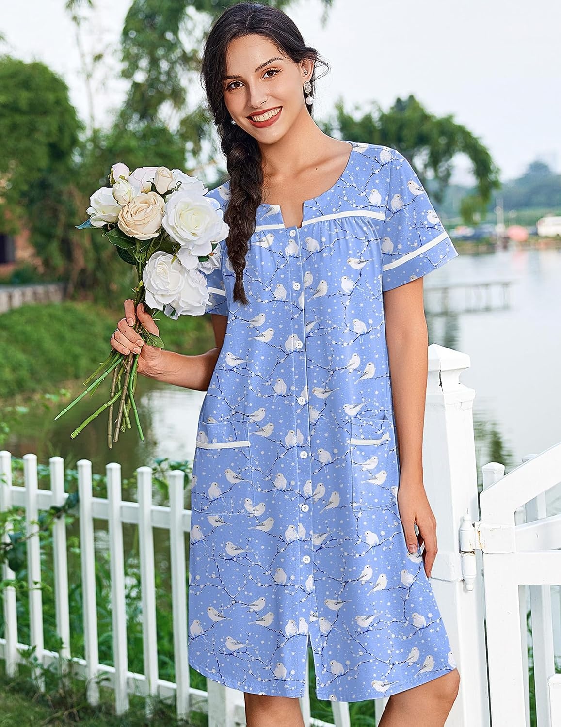 image:imageEkouaer Nightgowns for Women Cotton House Dress with Pockets Button DusterBlue Birds