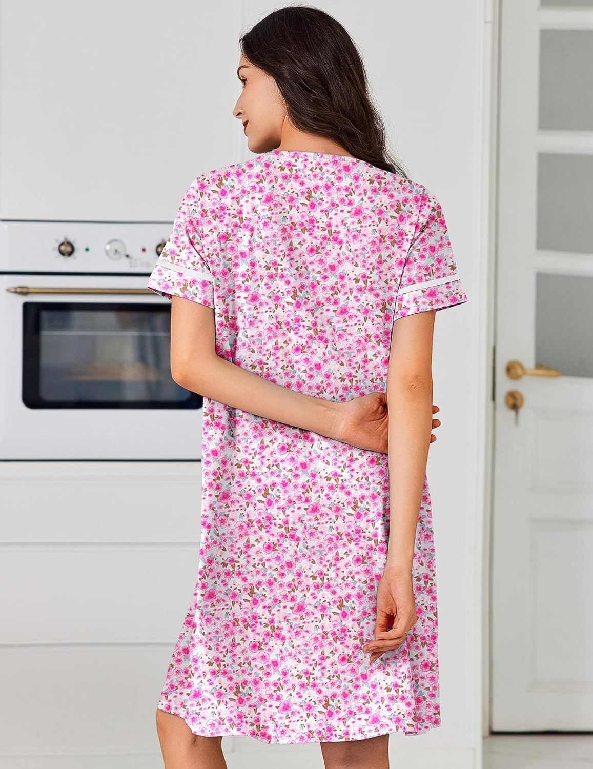 image:imageEkouaer Nightgowns for Women Cotton House Dress with Pockets Button DusterFloral Pink