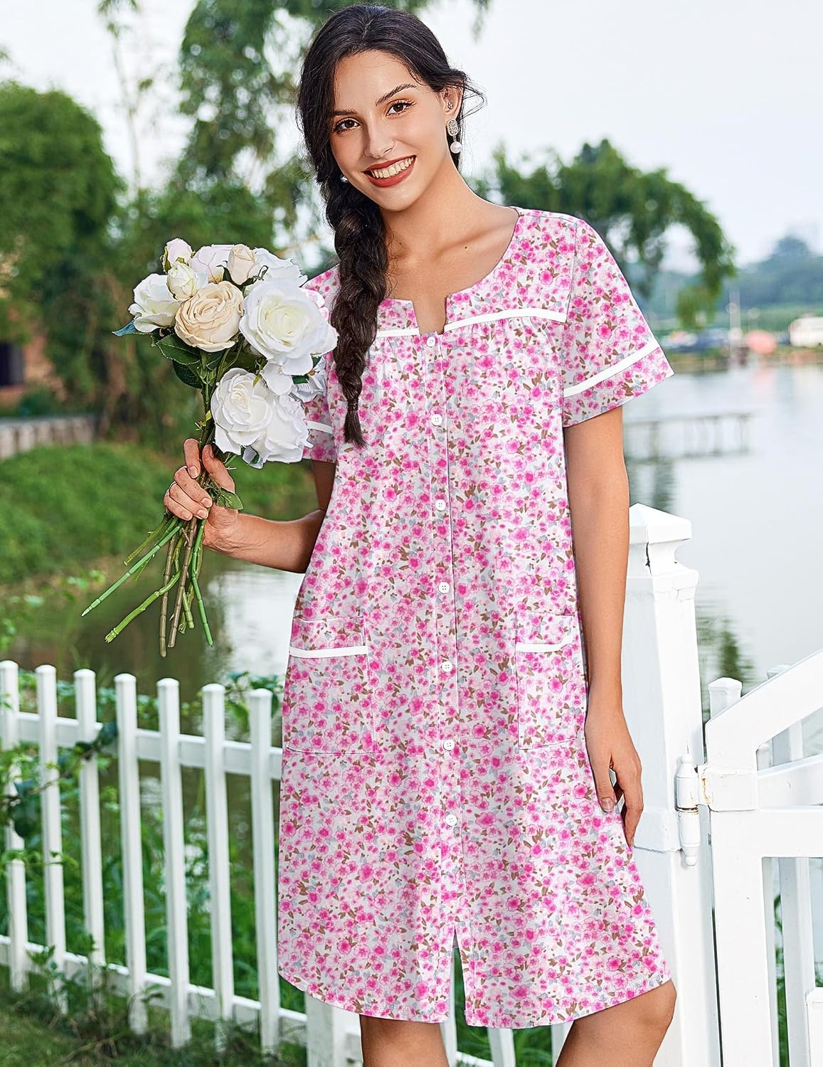 image:imageEkouaer Nightgowns for Women Cotton House Dress with Pockets Button DusterFloral Pink