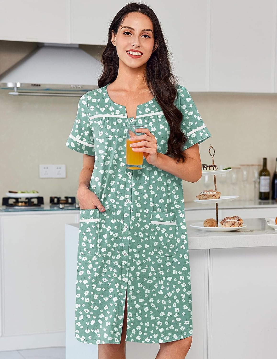 image:imageEkouaer Nightgowns for Women Cotton House Dress with Pockets Button DusterGreen White Florals