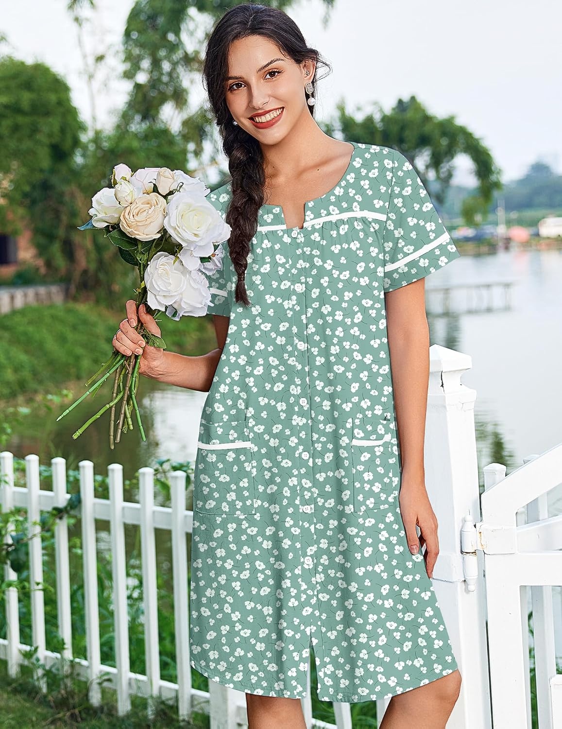 image:imageEkouaer Nightgowns for Women Cotton House Dress with Pockets Button DusterGreen White Florals
