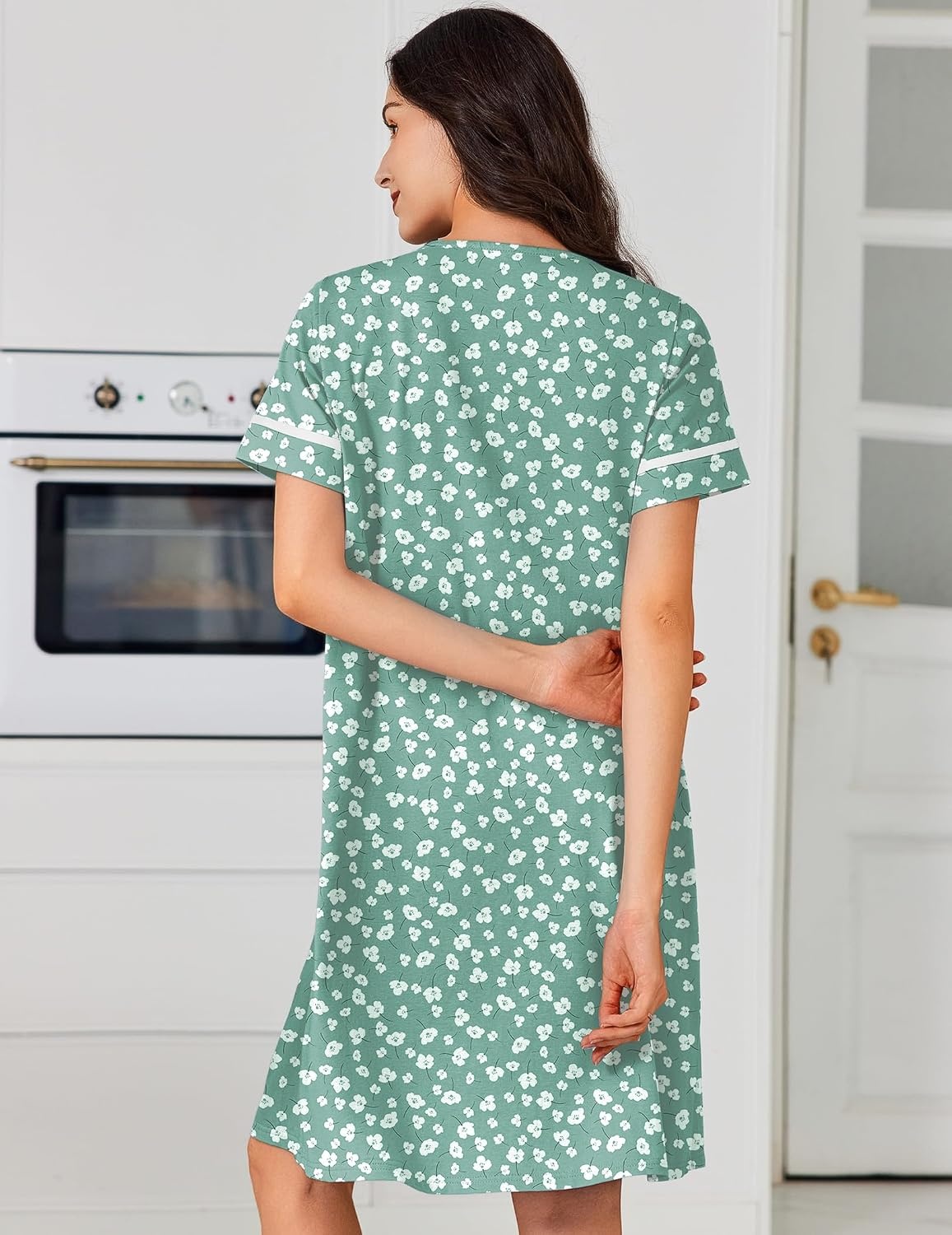 image:imageEkouaer Nightgowns for Women Cotton House Dress with Pockets Button DusterGreen White Florals