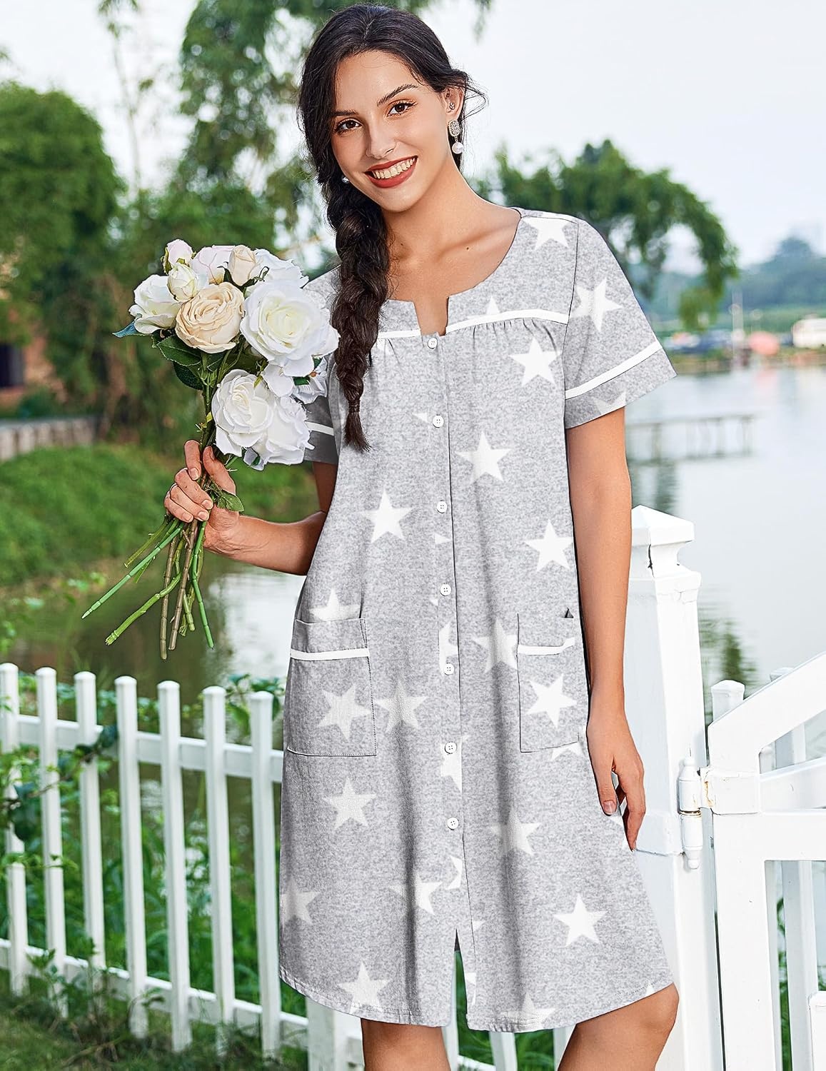 image:imageEkouaer Nightgowns for Women Cotton House Dress with Pockets Button DusterGrey Stars