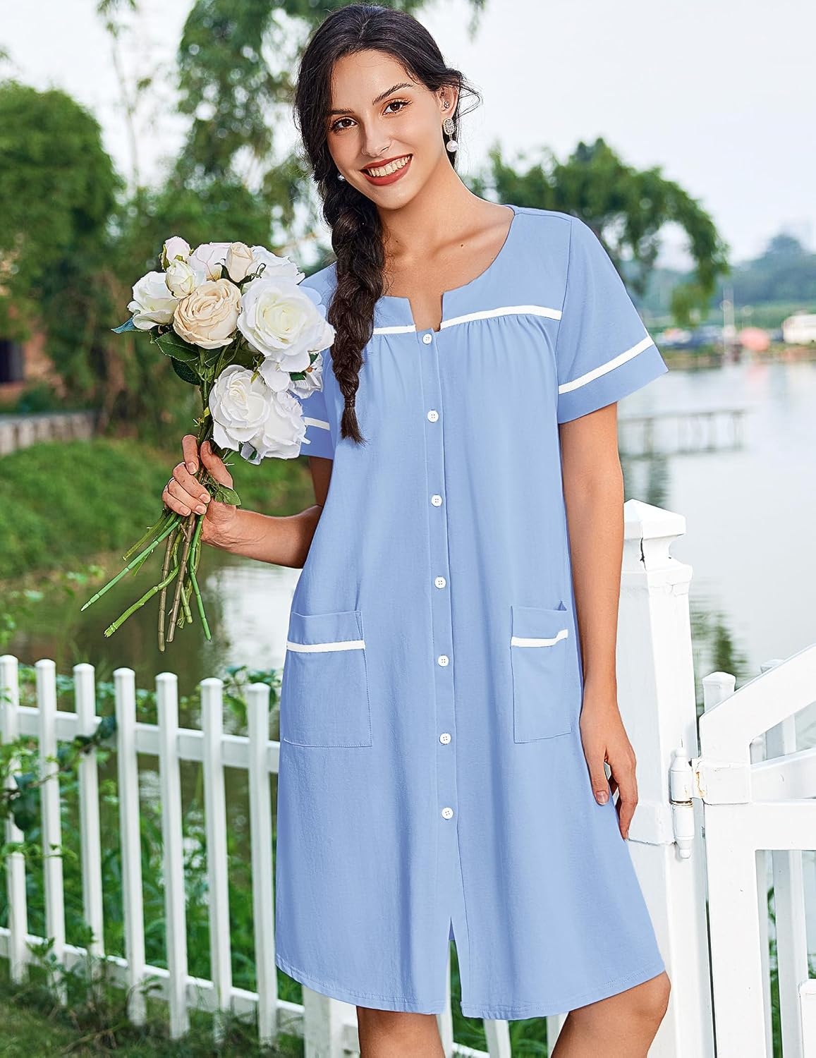 image:imageEkouaer Nightgowns for Women Cotton House Dress with Pockets Button DusterLight Blue