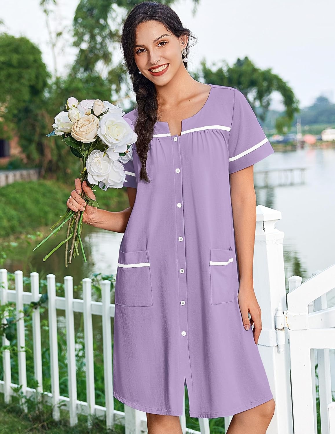 image:imageEkouaer Nightgowns for Women Cotton House Dress with Pockets Button DusterLight Purple