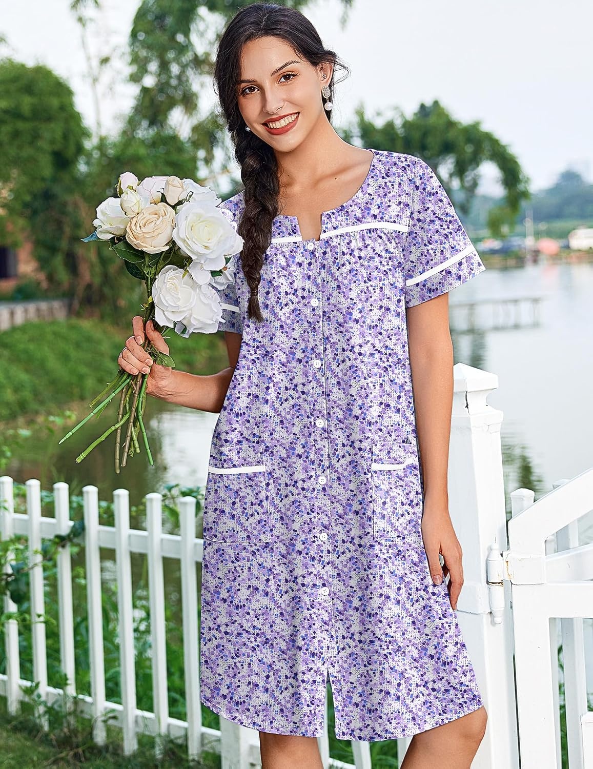 image:imageEkouaer Nightgowns for Women Cotton House Dress with Pockets Button DusterPurple Dots