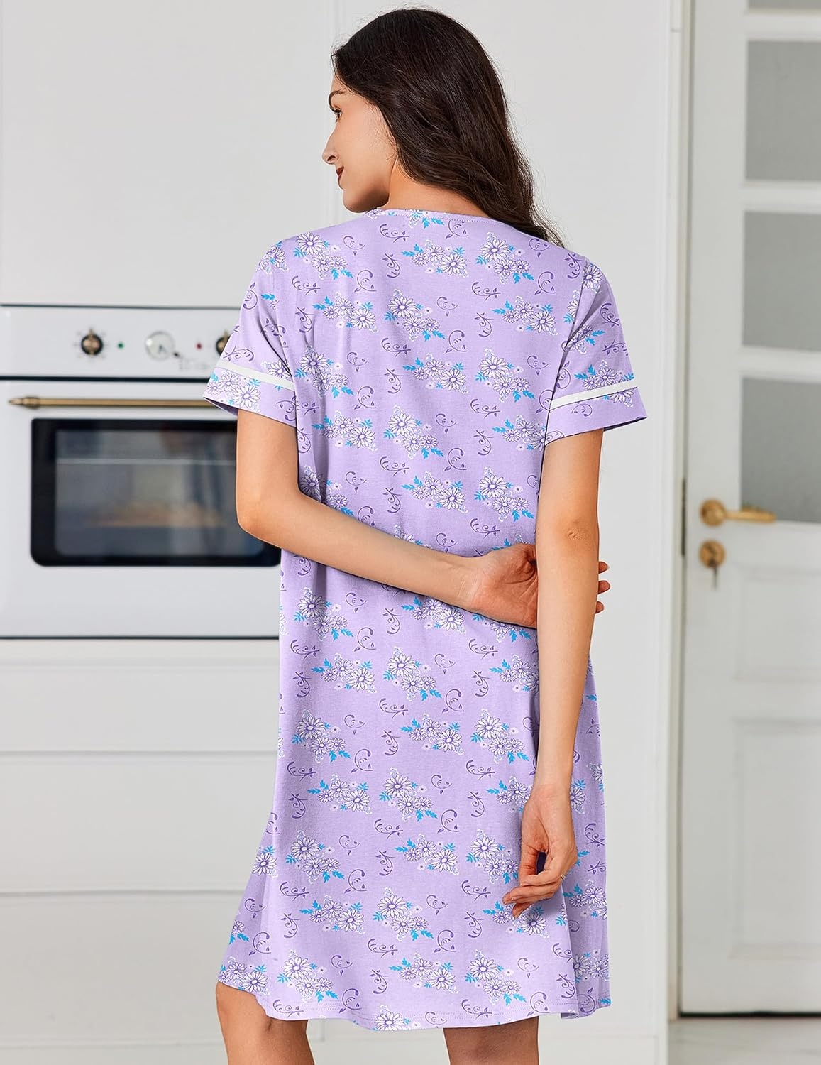 image:imageEkouaer Nightgowns for Women Cotton House Dress with Pockets Button DusterPurple Florals