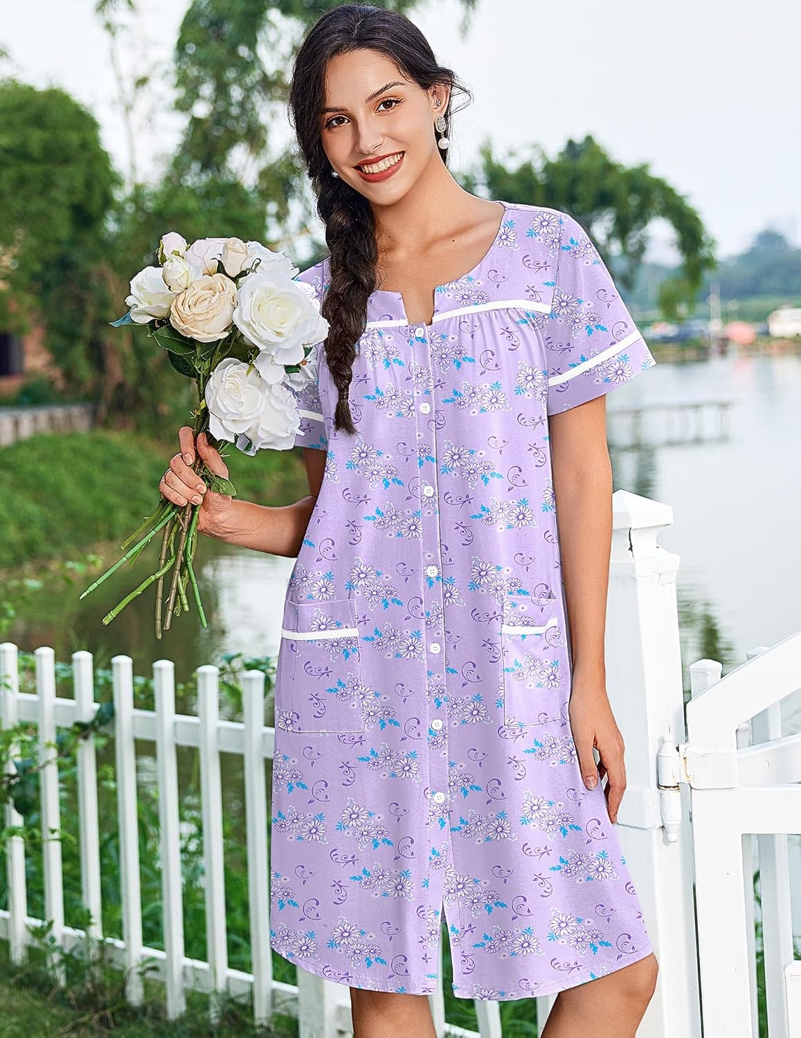 image:imageEkouaer Nightgowns for Women Cotton House Dress with Pockets Button DusterPurple Florals