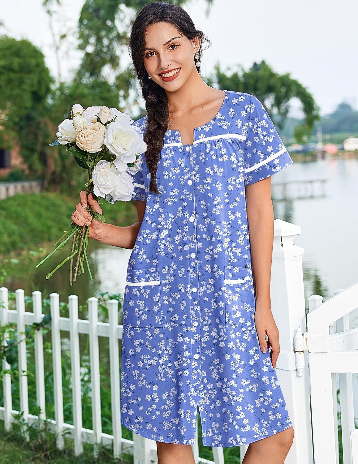 image:imageEkouaer Nightgowns for Women Cotton House Dress with Pockets Button DusterWhite Green Flower