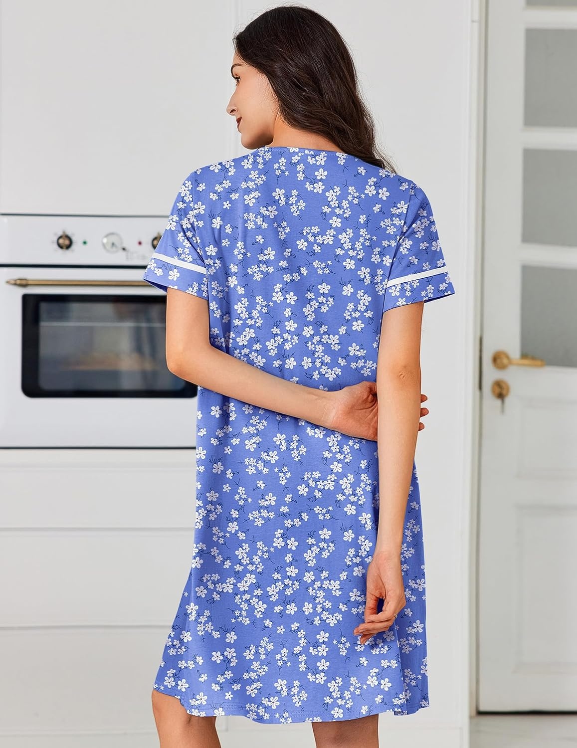 image:imageEkouaer Nightgowns for Women Cotton House Dress with Pockets Button DusterWhite Green Flower