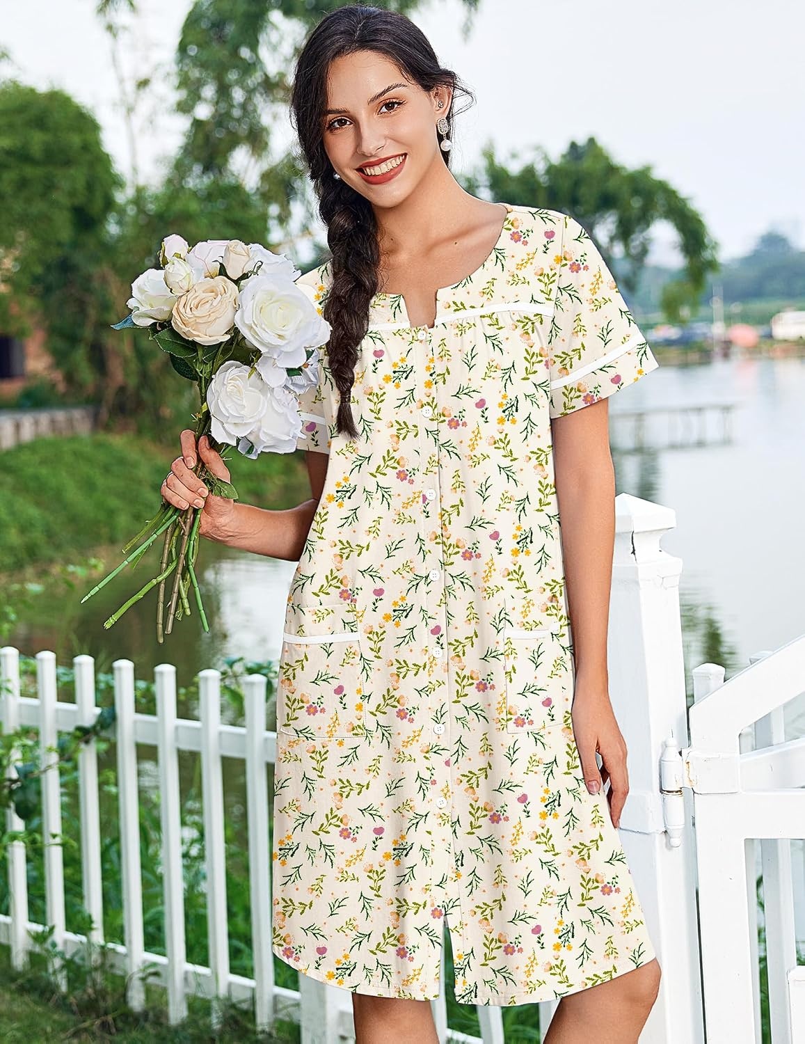 image:imageEkouaer Nightgowns for Women Cotton House Dress with Pockets Button DusterYellow Green Leaf