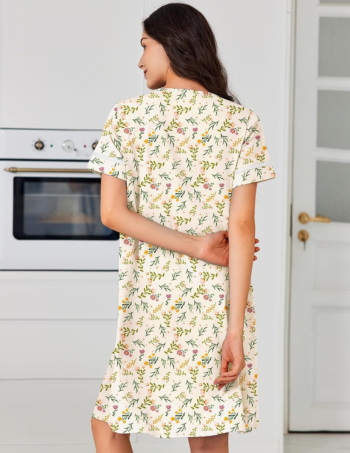 image:imageEkouaer Nightgowns for Women Cotton House Dress with Pockets Button DusterYellow Green Leaf