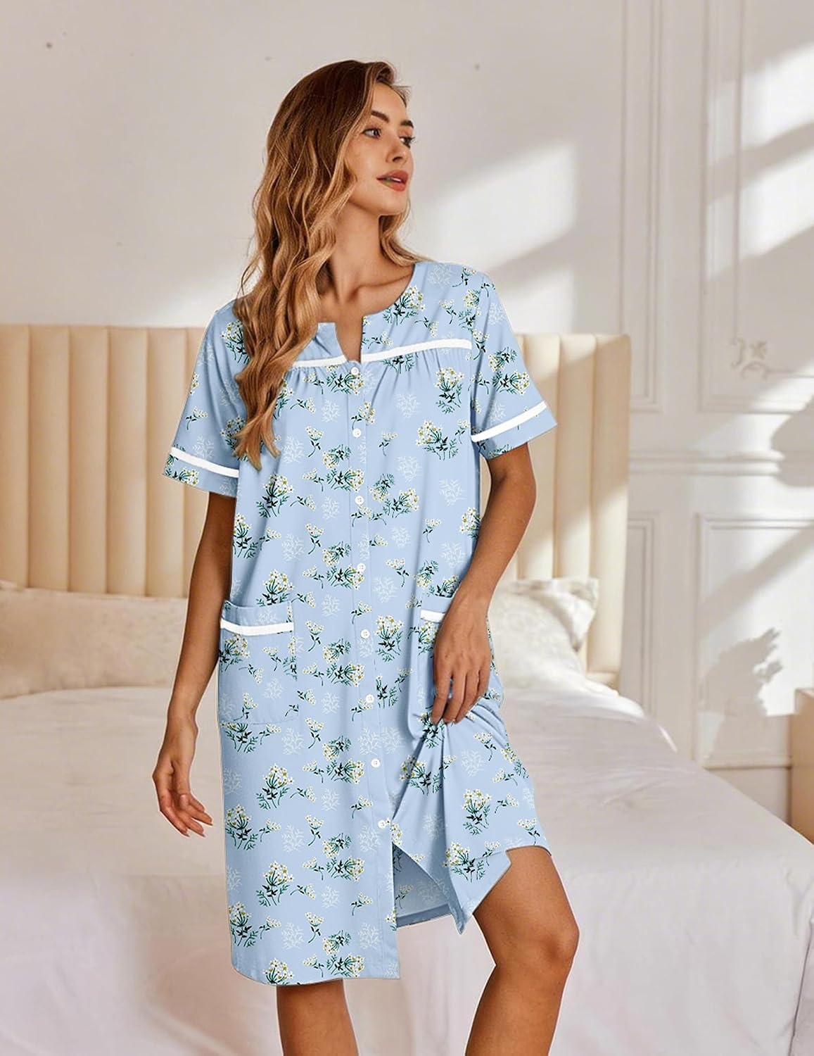 image:imageEkouaer Nightgowns for Women House Dress with Pockets Button Down Sleepshirt Short Sleeve Nightshirt HousecoatBlue Daisy