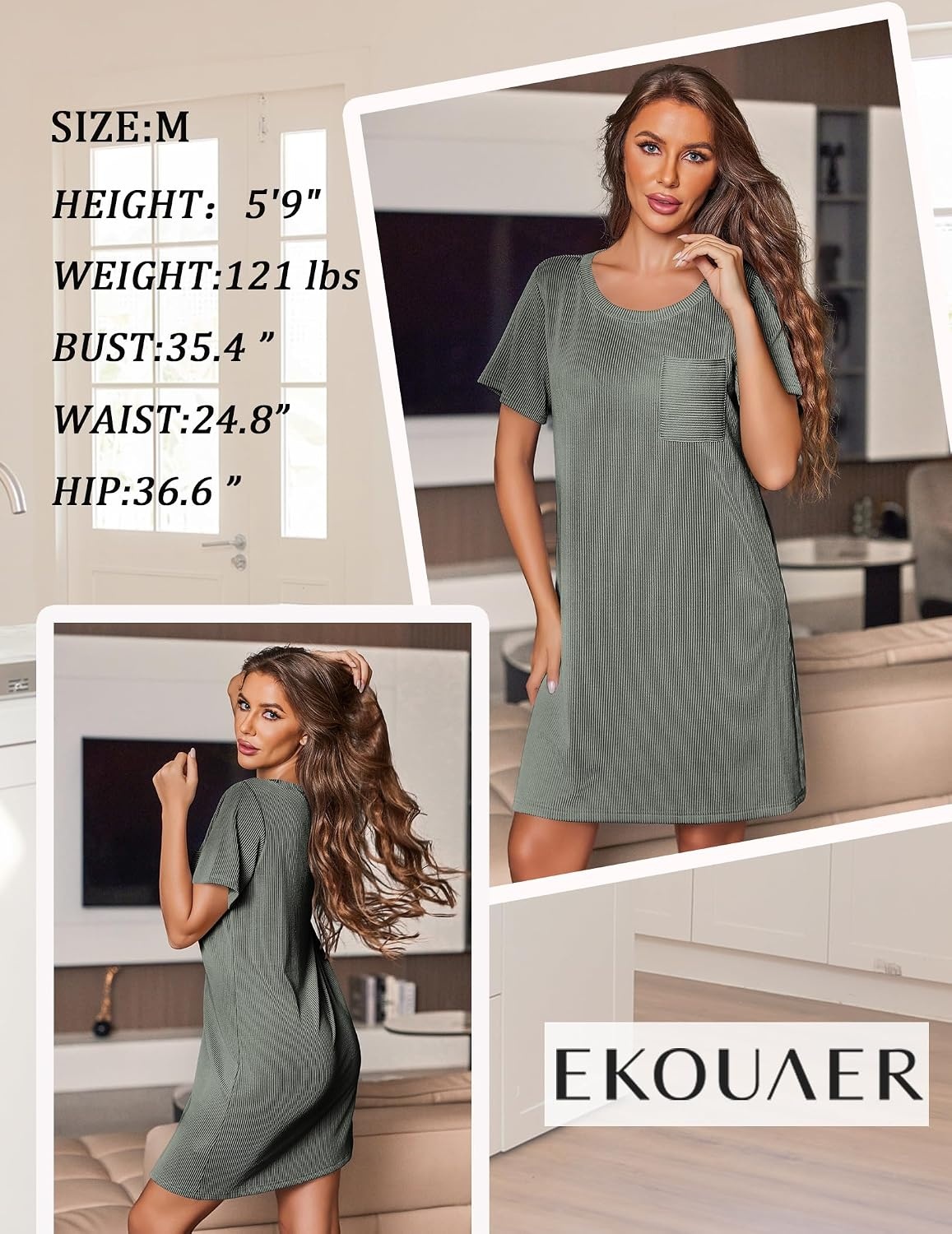 image:imageEkouaer Nightgowns for Women Ribbed Viscose Sleep Shirts Tshirt Sleep Dress Short Sleeve Night Shirt with Chest Pocket S2XLArmy Green