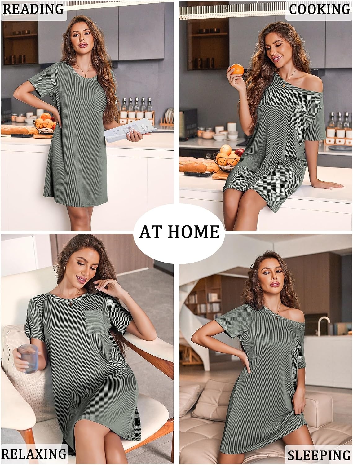 image:imageEkouaer Nightgowns for Women Ribbed Viscose Sleep Shirts Tshirt Sleep Dress Short Sleeve Night Shirt with Chest Pocket S2XLArmy Green