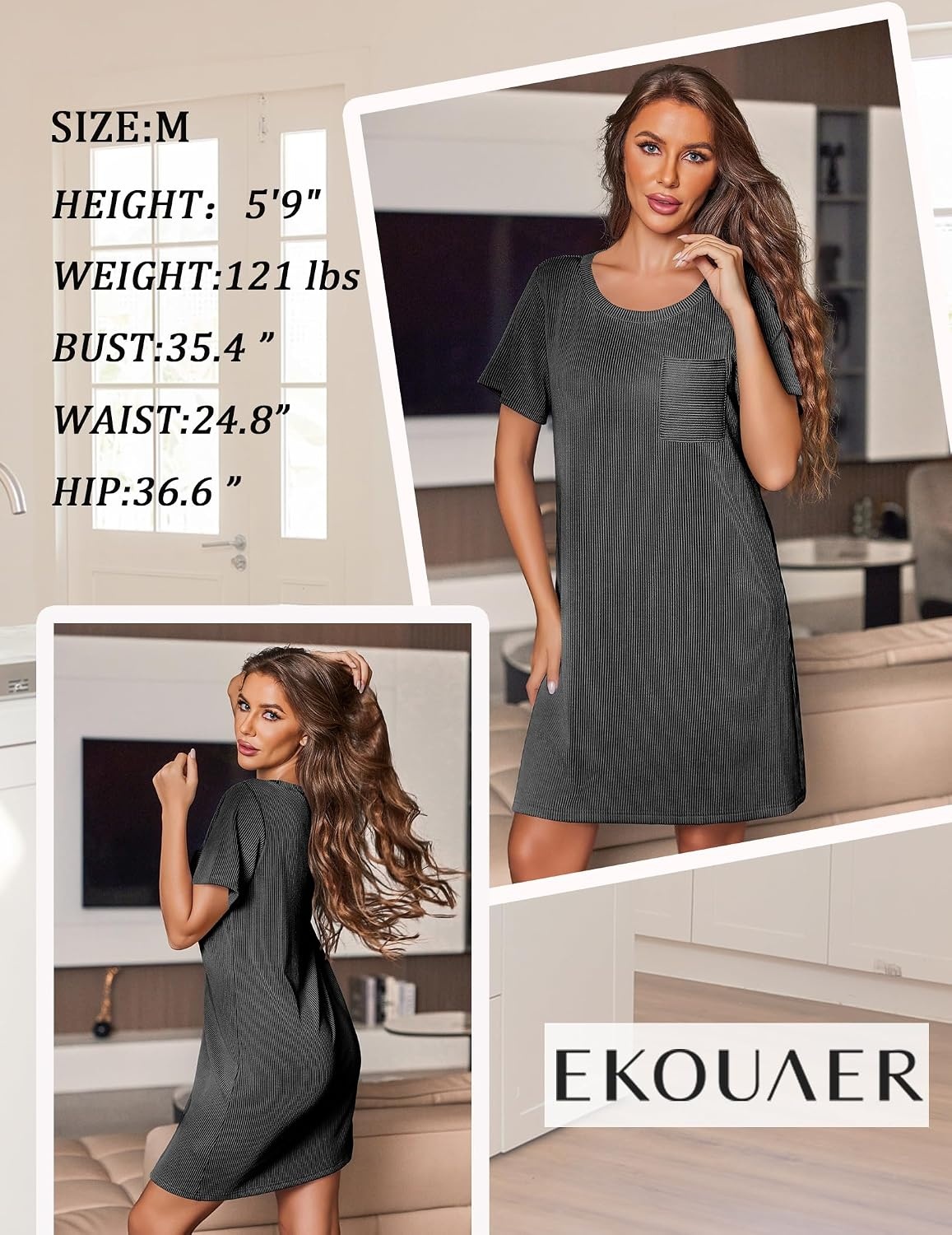 image:imageEkouaer Nightgowns for Women Ribbed Viscose Sleep Shirts Tshirt Sleep Dress Short Sleeve Night Shirt with Chest Pocket S2XLDeep Gray