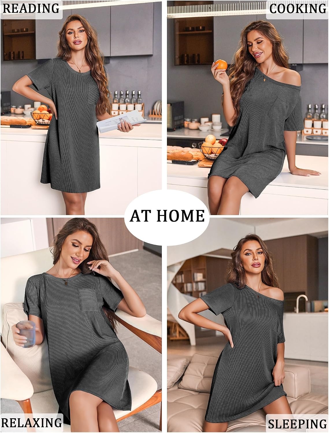 image:imageEkouaer Nightgowns for Women Ribbed Viscose Sleep Shirts Tshirt Sleep Dress Short Sleeve Night Shirt with Chest Pocket S2XLDeep Gray