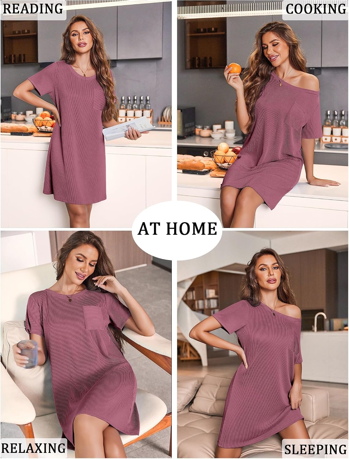 image:imageEkouaer Nightgowns for Women Ribbed Viscose Sleep Shirts Tshirt Sleep Dress Short Sleeve Night Shirt with Chest Pocket S2XLDeep Pink