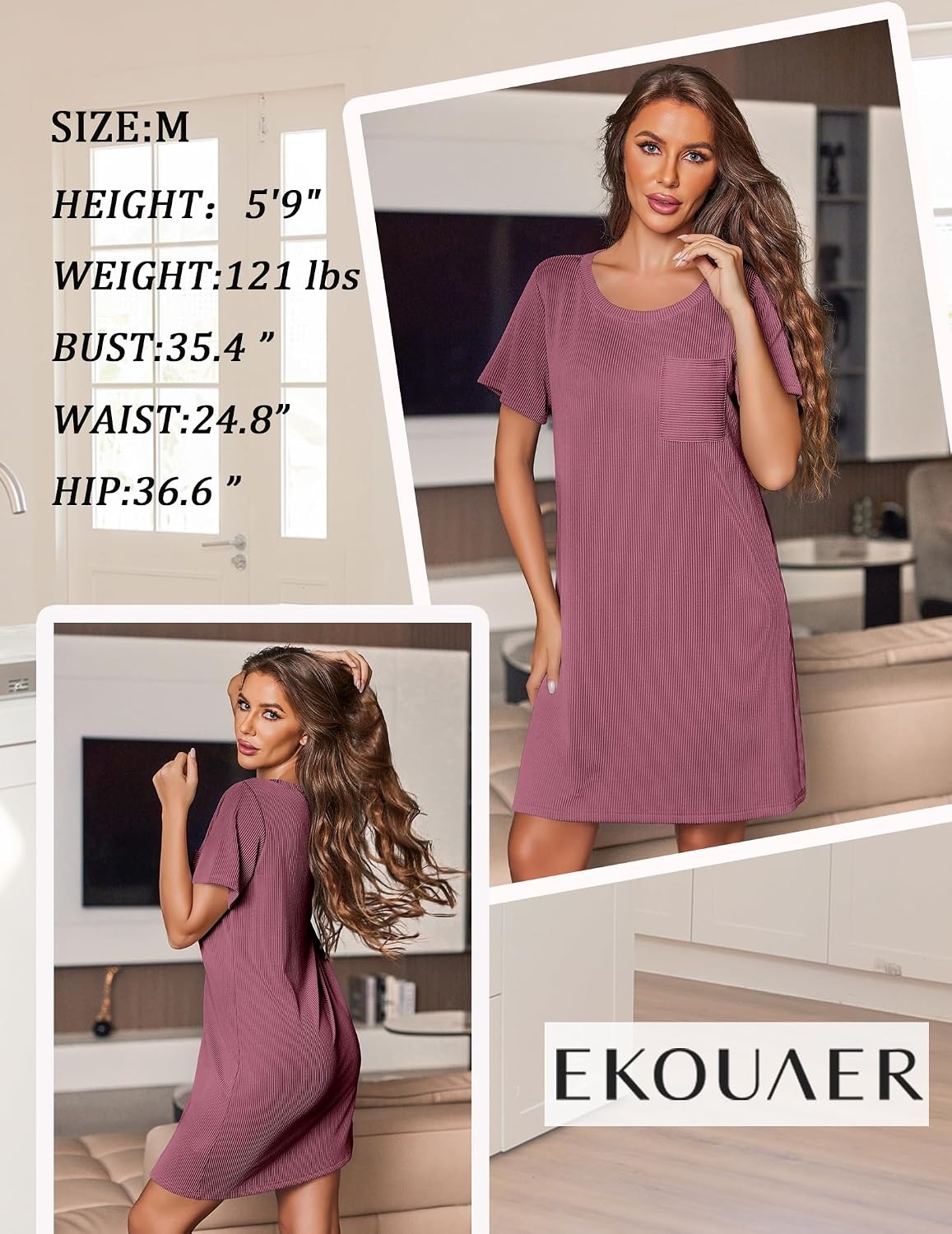 image:imageEkouaer Nightgowns for Women Ribbed Viscose Sleep Shirts Tshirt Sleep Dress Short Sleeve Night Shirt with Chest Pocket S2XLDeep Pink