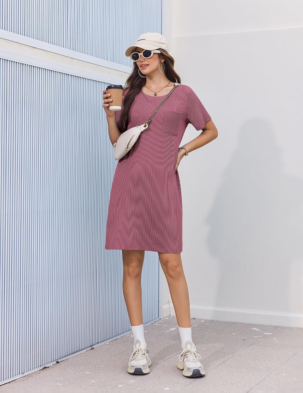 image:imageEkouaer Nightgowns for Women Ribbed Viscose Sleep Shirts Tshirt Sleep Dress Short Sleeve Night Shirt with Chest Pocket S2XLDeep Pink