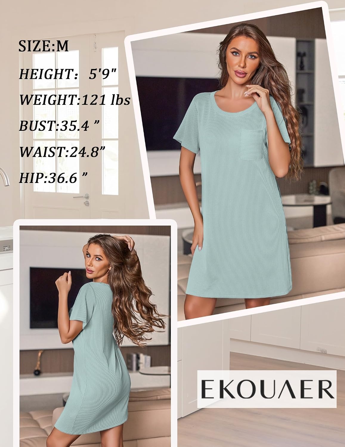 image:imageEkouaer Nightgowns for Women Ribbed Viscose Sleep Shirts Tshirt Sleep Dress Short Sleeve Night Shirt with Chest Pocket S2XLGlacial Green